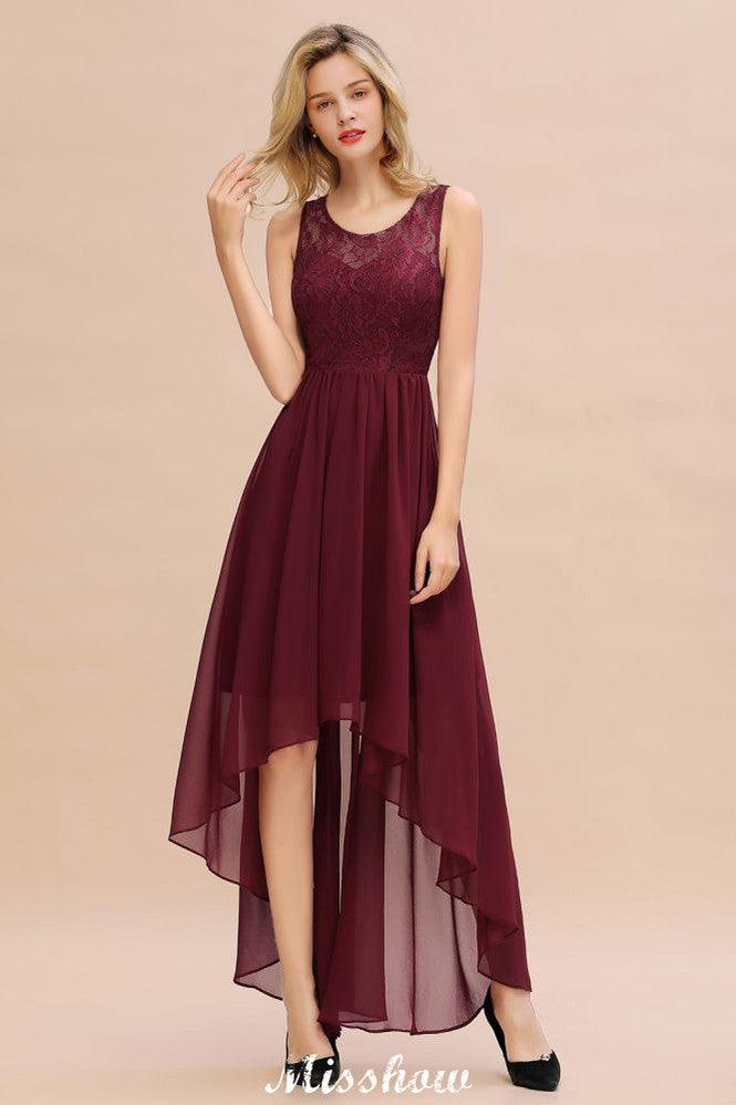 Burgunderrotes Hi-Lo Abendkleid mit ärmellosem Spitzenkleid für Brautjungfern