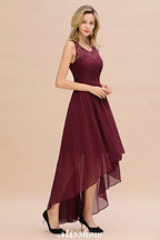 Burgunderrotes Hi-Lo Abendkleid mit ärmellosem Spitzenkleid für Brautjungfern
