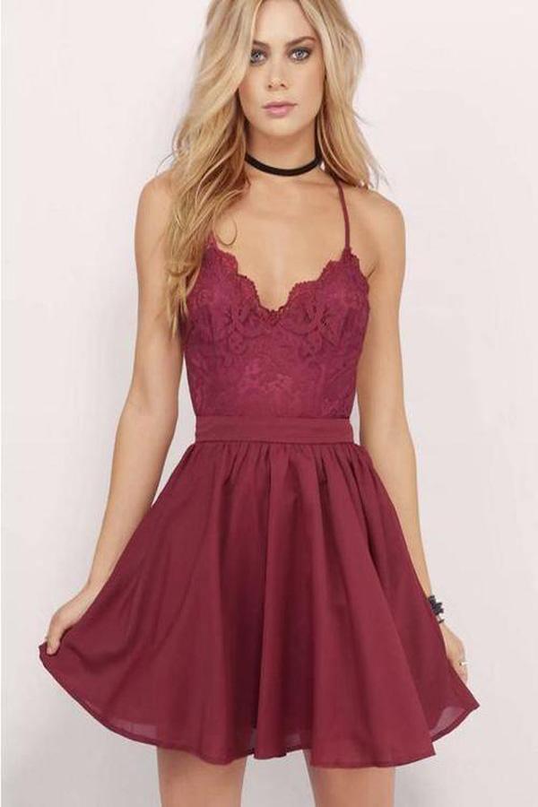 Burgundy Homecoming Dress Spaghetti Straps A-line Lace Short Prom Dress