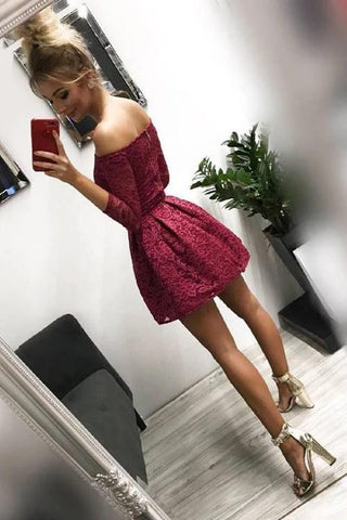 Burgundy Lace Off-the-Shoulder Long Sleeves Homecoming Dresses