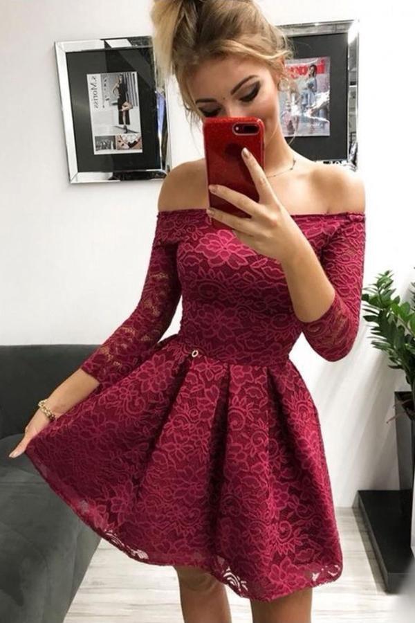 Burgundy Lace Off-the-Shoulder Long Sleeves Homecoming Dresses