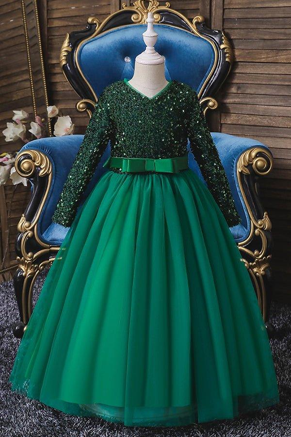 NumberSea - Burgundy Long Sleeve Sequins Tulle Flower Girl Dresses