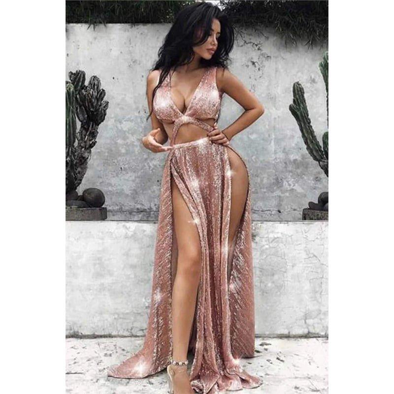 NumberSea - Burgundy Sequined Sexy Deep V - neck Split Party Dress Long Prom Dress