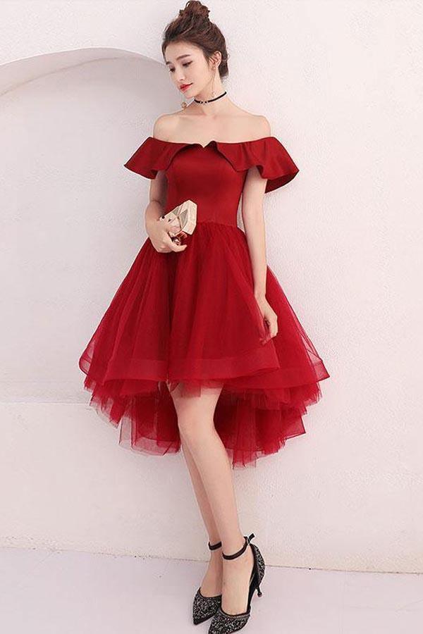 Vestido de fiesta corto con hombros descubiertos de tul burdeos Vestido de fiesta burdeos