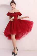 Burgundy Tulle Off Shoulder Short Prom Dress Burgundy Homecoming Dress