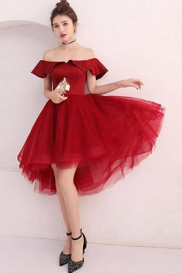 Vestido de fiesta corto con hombros descubiertos de tul burdeos Vestido de fiesta burdeos