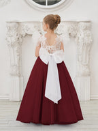 Vestido de niña de las flores con cola larga y tul con encaje desmontable 