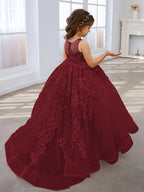 Vestido de princesa rosa para niña con apliques de encaje 
