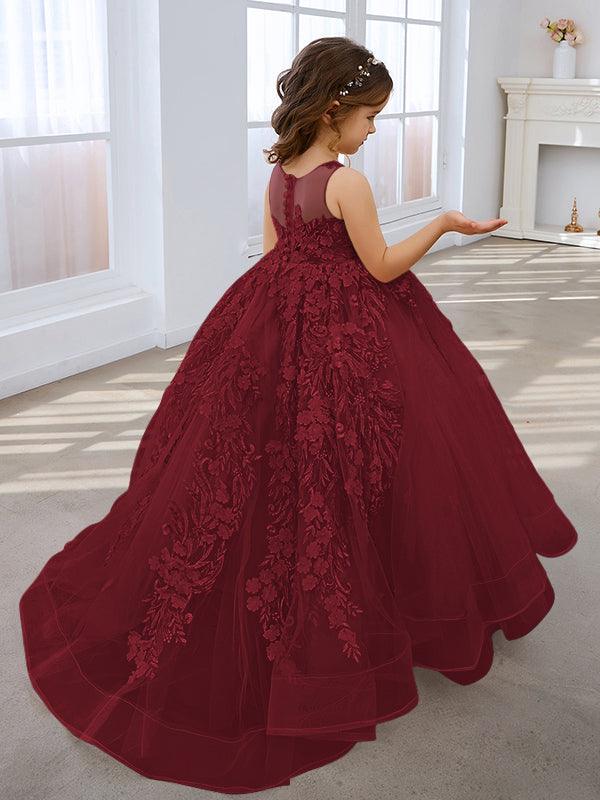 Vestido de princesa rosa para niña con apliques de encaje 