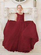 Elegante vestido de niña de las flores de tul blanco con cola larga 