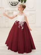 Abnehmbares Blumenmädchenkleid aus Spitze und Tüll mit Schleppe 