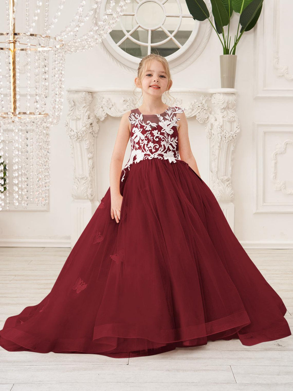 Elegante vestido de tul sin mangas estilo princesa de corte A para niña de las flores 