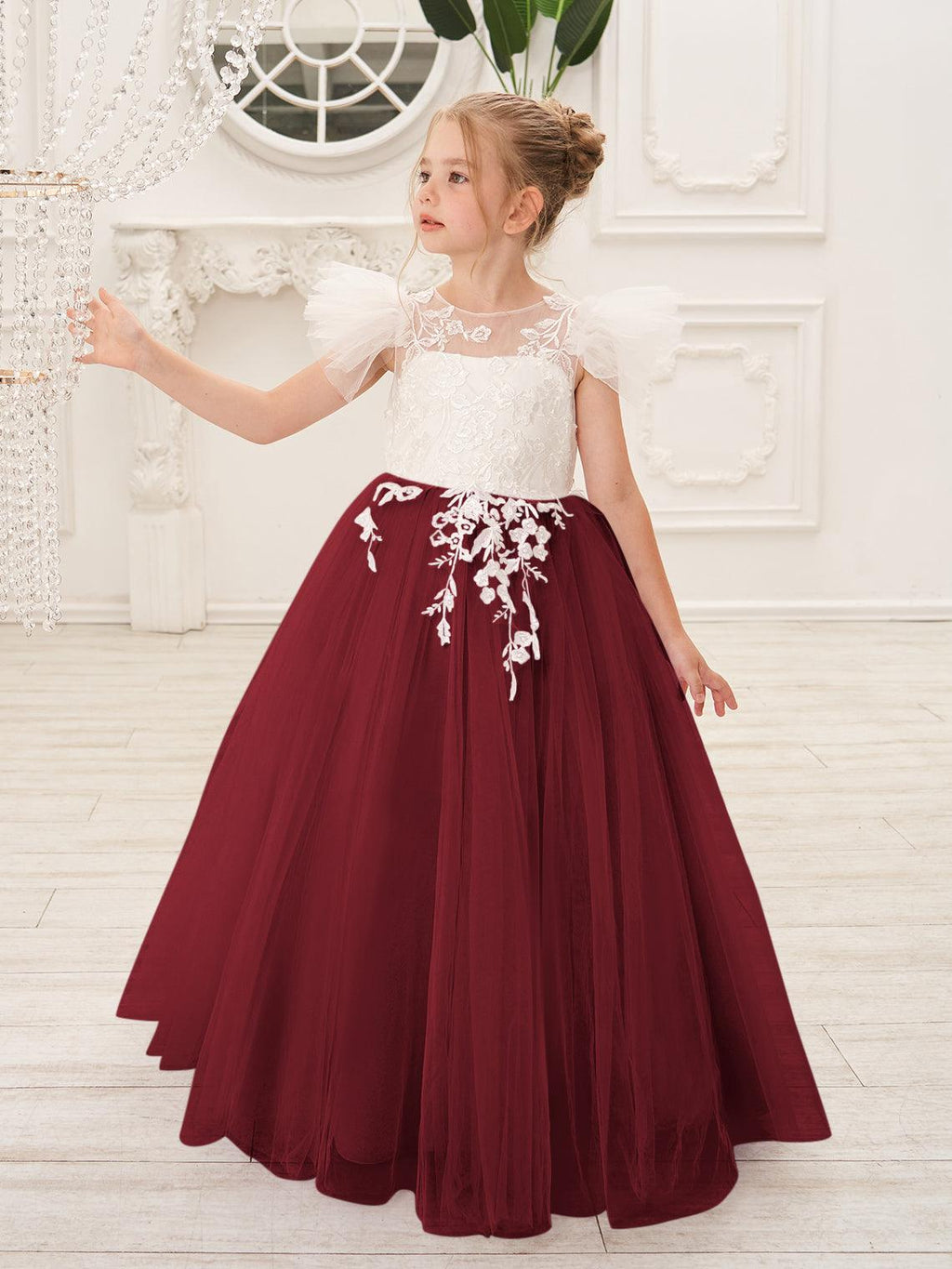 Vestido de niña de las flores con cola larga y tul con encaje desmontable 