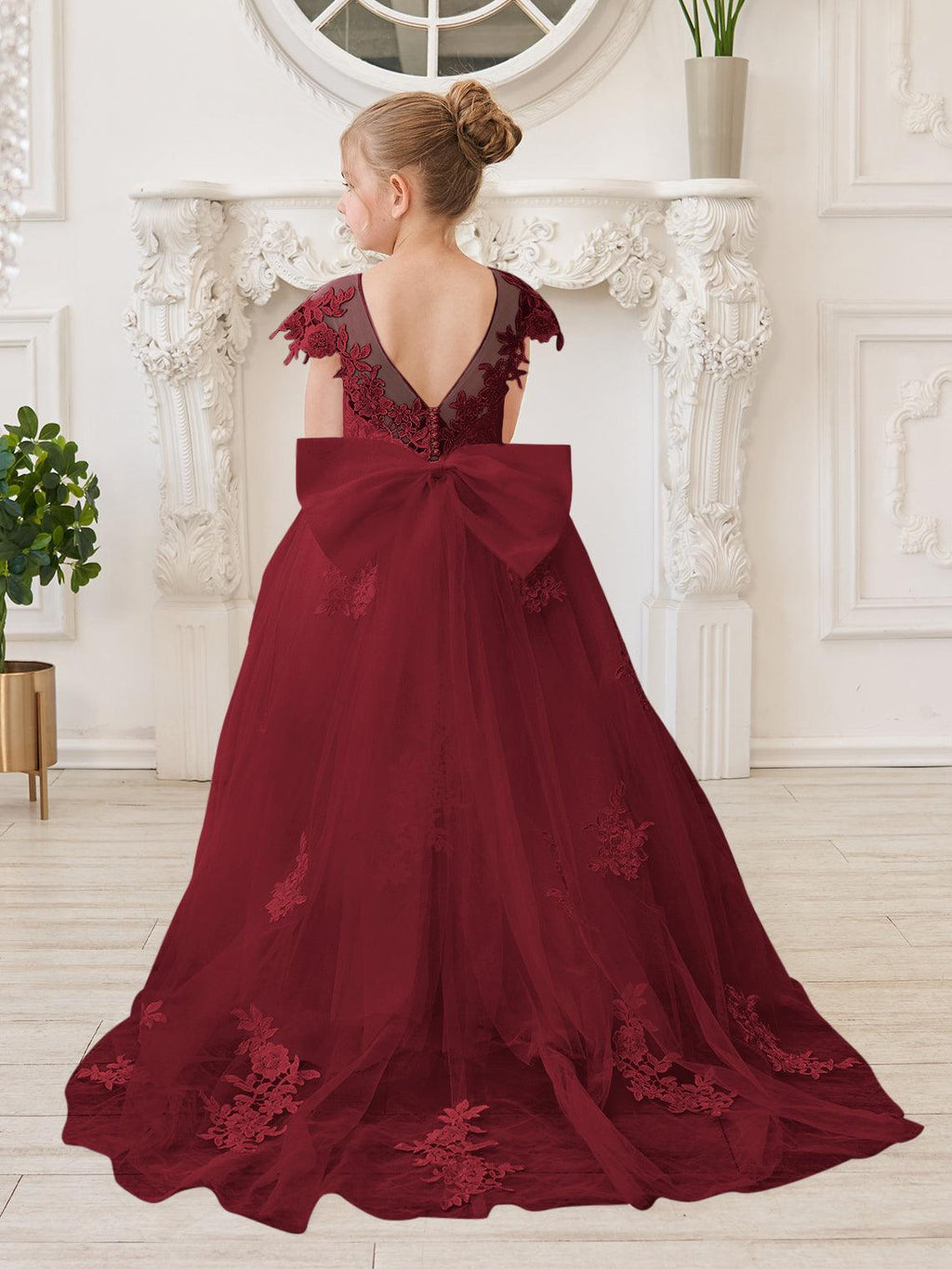 Vestido de princesa para primera comunión de niña de las flores, color marfil, con cola desmontable 