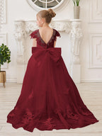 Vestido de princesa para primera comunión de niña de las flores, color marfil, con cola desmontable 