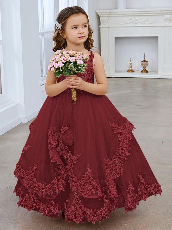 Vestido de princesa de tul sin mangas con apliques de encaje y cola larga para niñas 