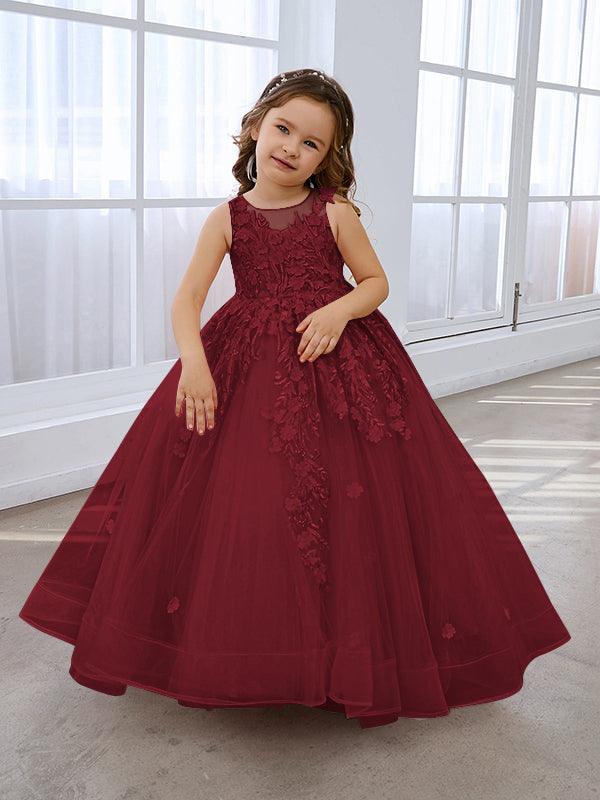 Vestido de princesa rosa para niña con apliques de encaje 