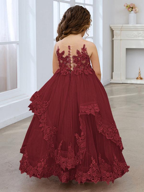 Vestido de princesa de tul sin mangas con apliques de encaje y cola larga para niñas 