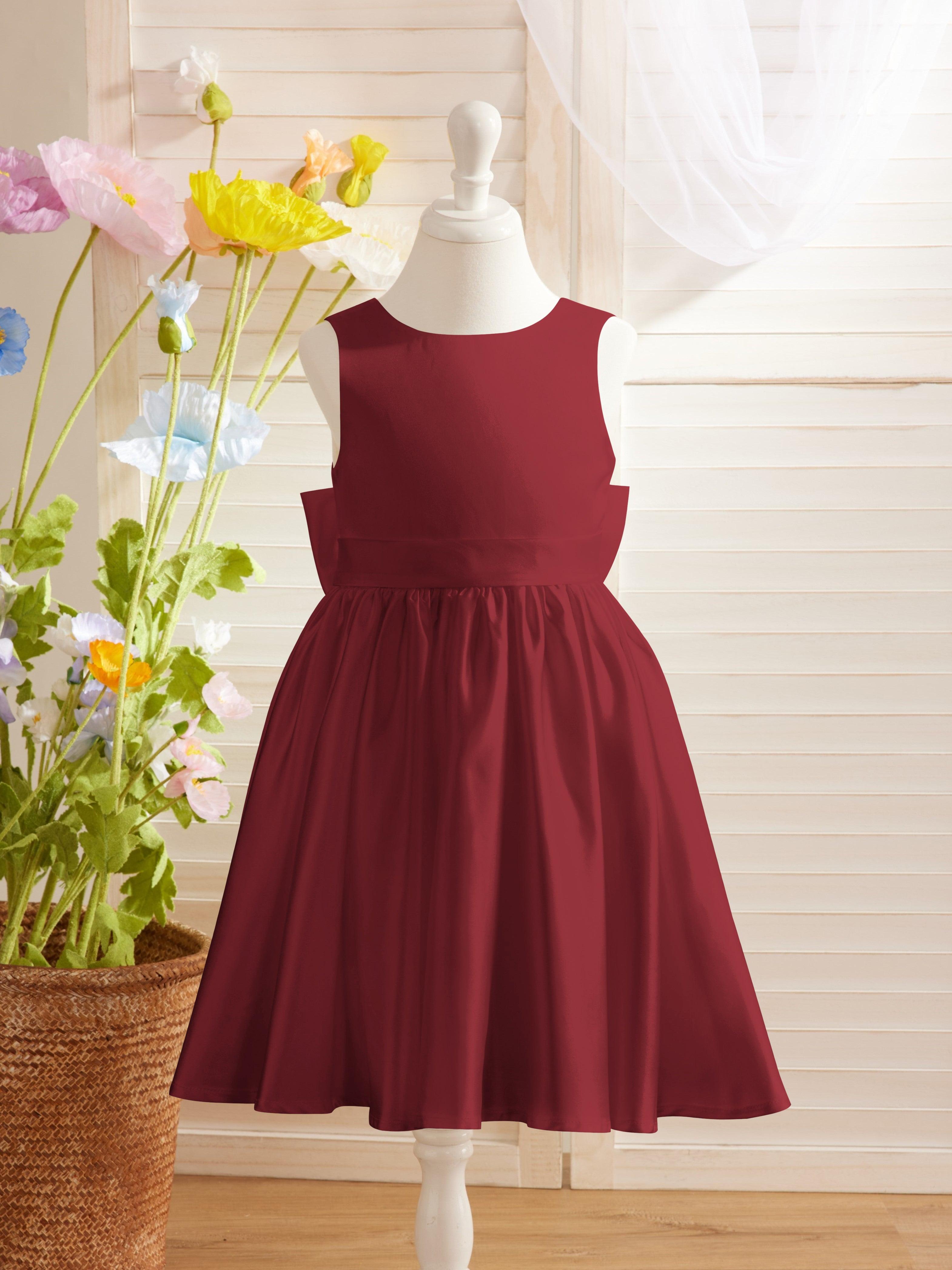 Elegante vestido de niña de las flores de satén con escote en V, corte A y lazo hasta la rodilla 