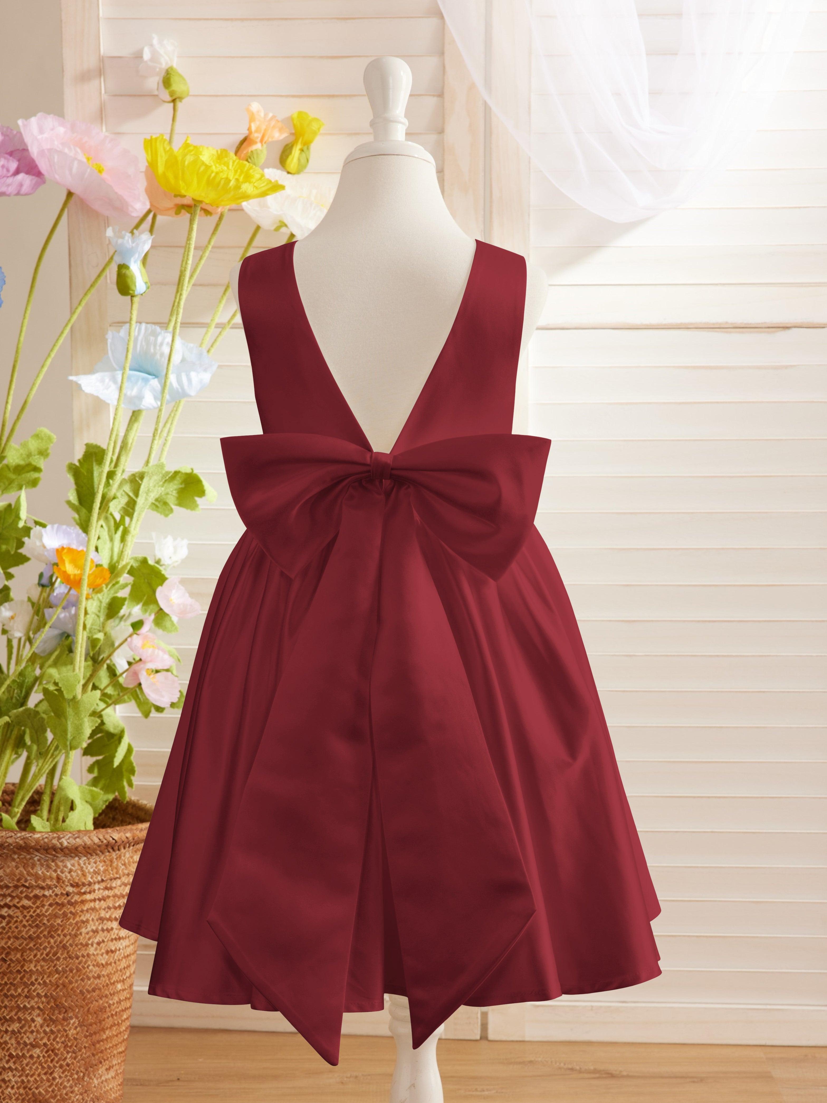 Elegante vestido de niña de las flores de satén con escote en V, corte A y lazo hasta la rodilla 