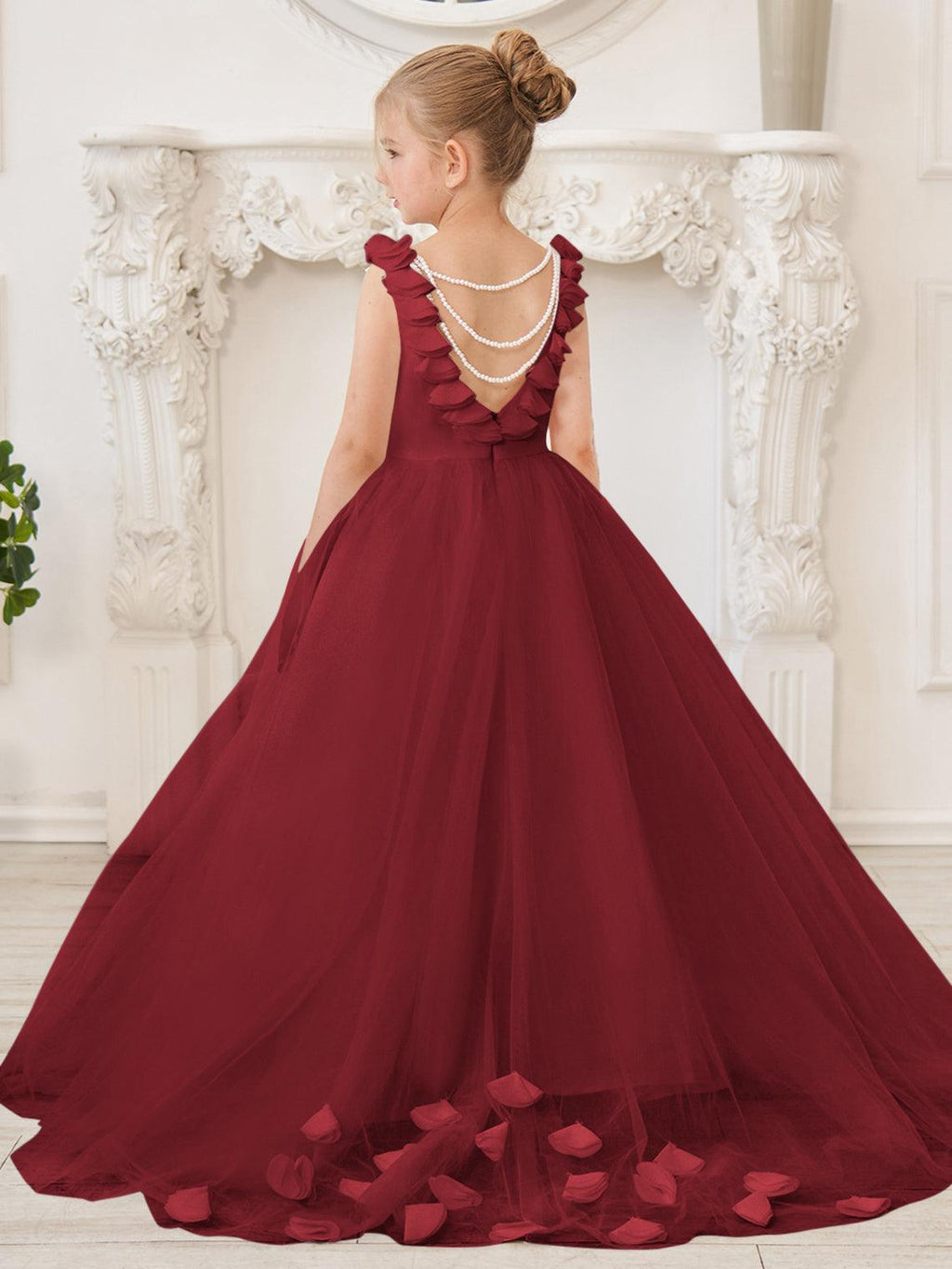 Elegante vestido de niña de las flores de tul blanco con cola larga 