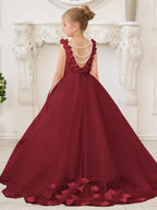 Elegante vestido de niña de las flores de tul blanco con cola larga 