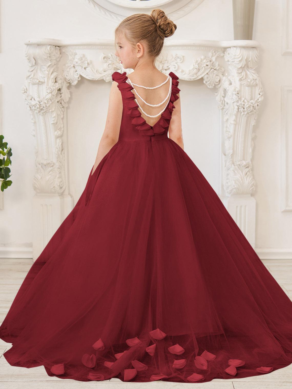 Elegante vestido de niña de las flores de tul blanco con cola larga 