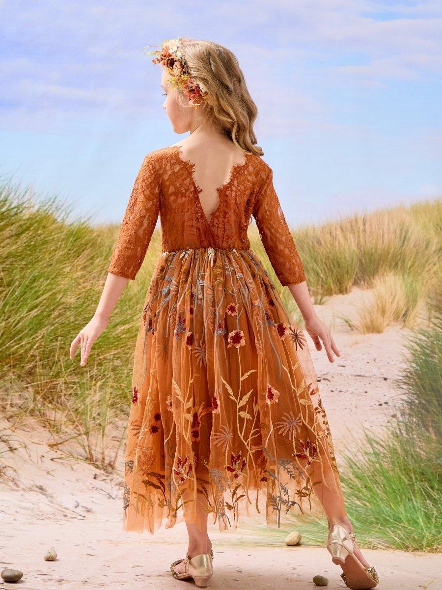 Burnt Orange Lace Tulle Embroidered Ankle Length Flower Girl Dress
