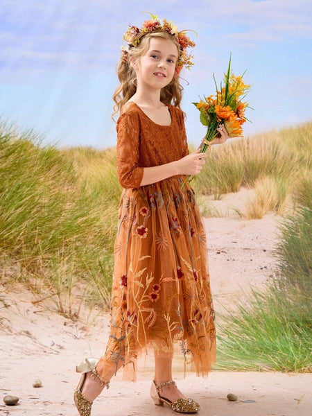 Burnt Orange Lace Tulle Embroidered Ankle Length Flower Girl Dress – NumberSea