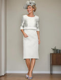 Zweiteiliges, elegantes, knielanges Satin-Polyester-Kleid mit Rundhalsausschnitt und halblangen Ärmeln und kurzen Jacken und Kristallen, Kleid für die Brautmutter