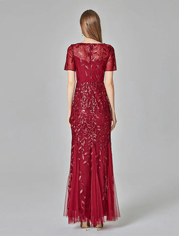 Meerjungfrau/Trompete Abendkleid Empire-Kleid Abschlussball Formeller Abend Bodenlang Kurzarm Rundhals Herbst Hochzeitsgast Tüll mit Stickerei