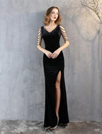 Vestidos de fiesta de sirena/trompeta, elegantes, formales, para invitados de boda, largos hasta el suelo, sin mangas, cuello en V, de terciopelo con flecos y borlas.