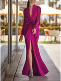 Vestido de noche de corte tubo/columna, vestido de fiesta con abertura alta, vestido formal para invitados de boda, largo hasta el suelo, manga larga, cuello en V, gasa con abertura y tiras