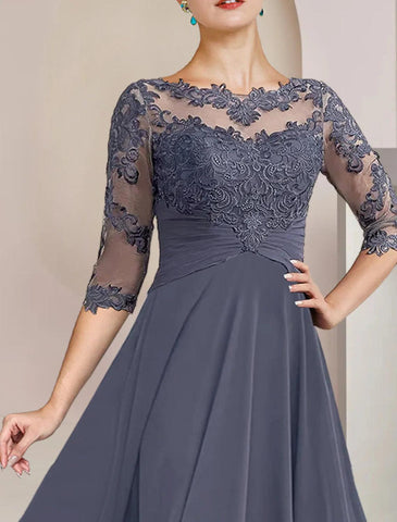 Vestido de dos piezas de corte A para madre de la novia, para invitada de boda formal, elegante, escote redondo, largo hasta la rodilla, de gasa con encaje, mangas 3/4, cruzado incluido, con apliques fruncidos