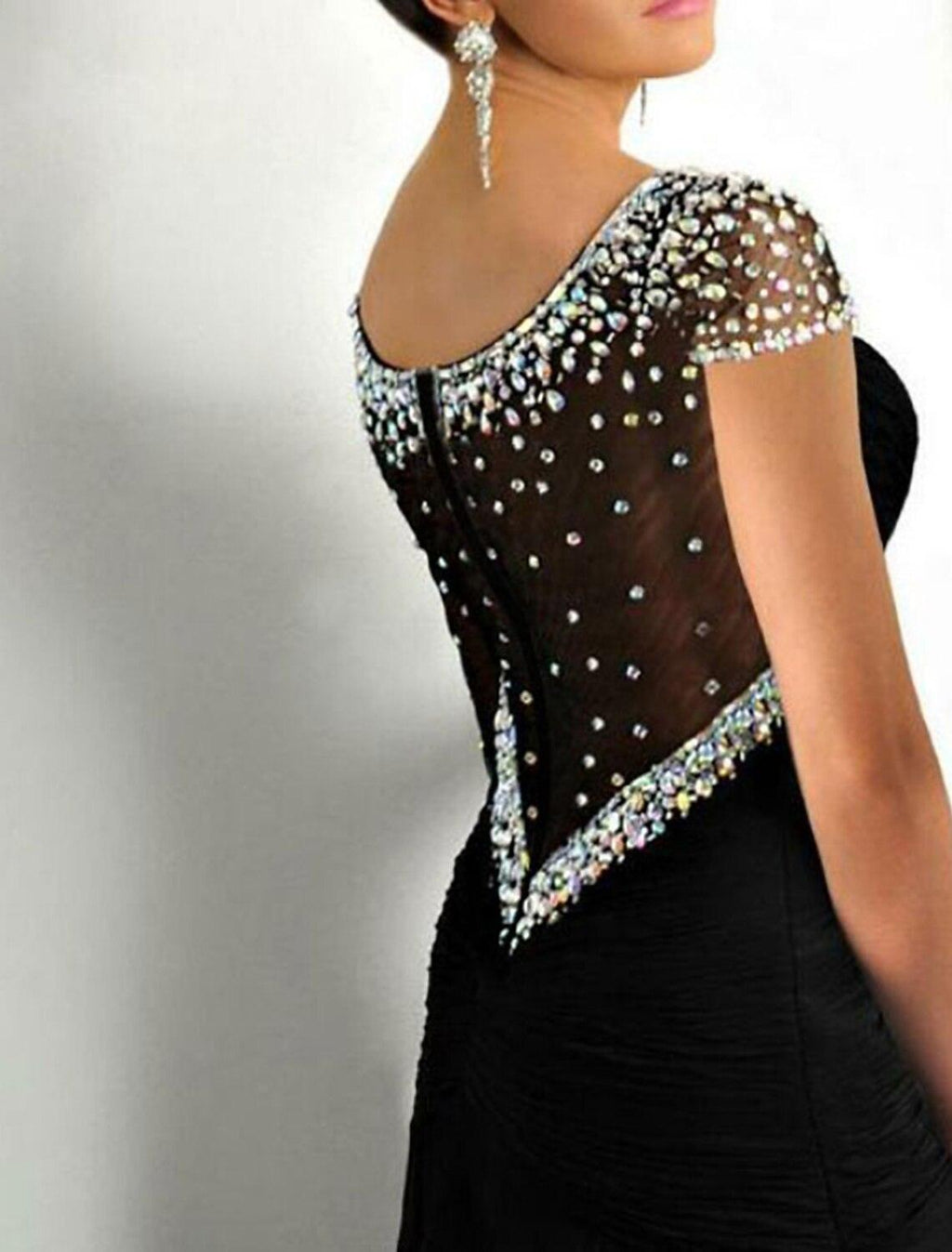 Vestido de fiesta de sirena con brillo, vestido de noche formal de compromiso, cuello joya, manga corta, cola de corte, charmeuse con abertura y cuentas de cristales
