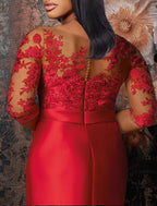 Meerjungfrau/Trompete Übergröße Kurve Abendkleider Übergröße Kleid Formelle Hochzeitsgäste Bodenlang Halbarm Rundhals Satin mit Applikationen Riemchen