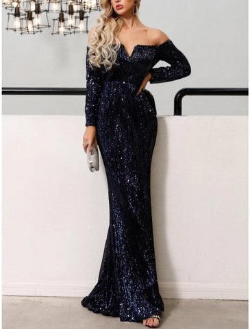 Meerjungfrau/Trompete Abendkleid Sparkle &amp; Shine Schwarzes Kleid Formelles Herbstkleid Sweep/Pinselzug Langarm Schulterfrei Pailletten mit Glitzerfalten