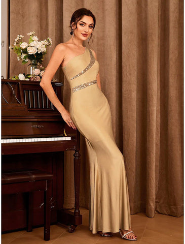 Meerjungfrau/Trompete Partykleider Sexy Kleid Hochzeit Party Semi Formal Bodenlang Ärmellos Ein Schulter Stretch Satin mit Glitter