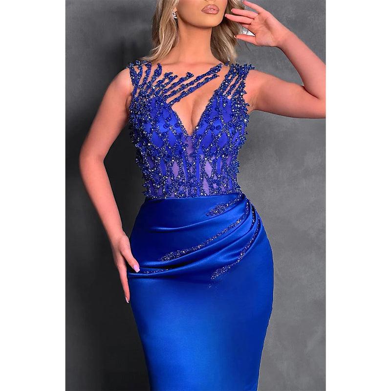 Vestido de noche para fiesta, graduación, satén, redondo, sin mangas, con pliegues y cuentas 