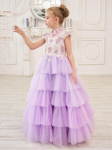 Lila Prinzessinnen-Ballkleid aus Tüll mit Blumenapplikationen und Perlen für Mädchen 