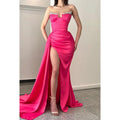 Strapless Beaded Ruched Satin Sheath Long Prom Gown With Slit