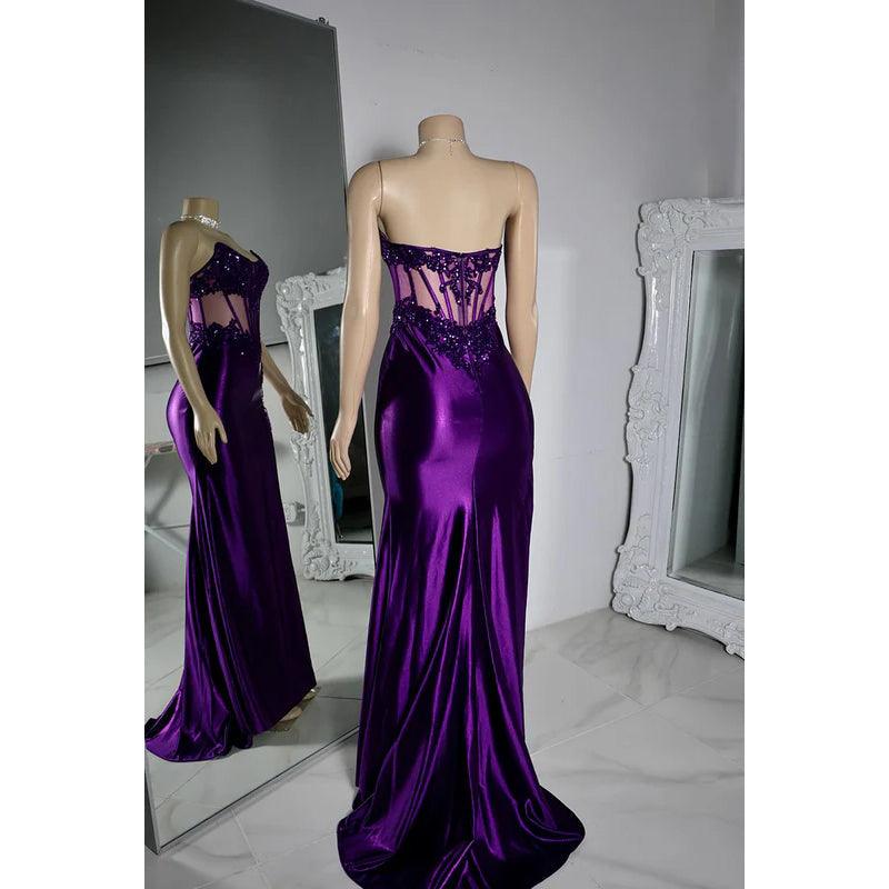 Elegante y lujoso vestido de noche de fiesta con escote redondo, sin mangas, abertura lateral y encaje