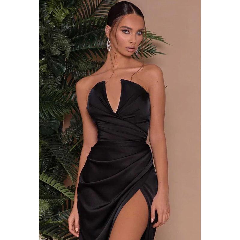 V-Neck Strapless Ruched Sheath Long Prom Evening Dress With Slit