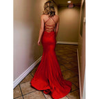 Vestido de fiesta rojo con escote en V y tirantes finos, estilo sirena, sexy, para noche formal. 
