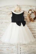 Vestido de niña de las flores negro hasta la rodilla de tul satinado 
