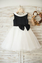 Vestido de niña de las flores negro hasta la rodilla de tul satinado 