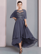 Zweiteiliges A-Linien-Kleid für die Mutter der Braut, formeller Hochzeitsgast, eleganter U-Ausschnitt, asymmetrische Wadenlänge, Chiffon-Spitze, kurze Ärmel, Wickelkleid mit Perlenapplikationen