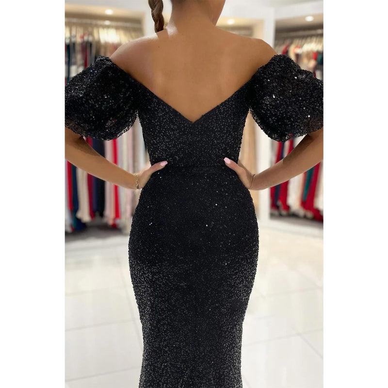 Vestido de fiesta único de sirena con hombros descubiertos, mangas cortas y abertura alta con purpurina 