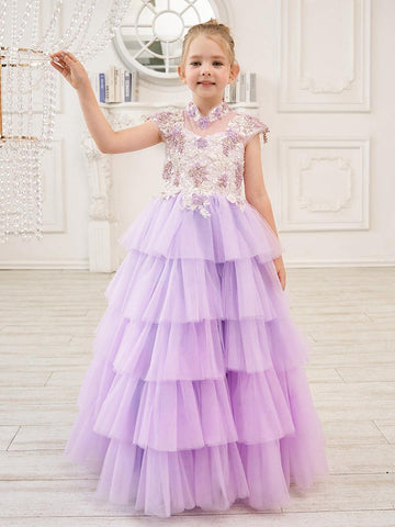 Lila Prinzessinnen-Ballkleid aus Tüll mit Blumenapplikationen und Perlen für Mädchen 