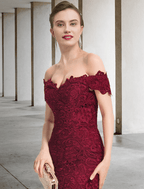 Vestido elegante de sirena/trompeta para madre de la novia, hombros descubiertos, cola larga/cepillo, encaje, manga corta con apliques